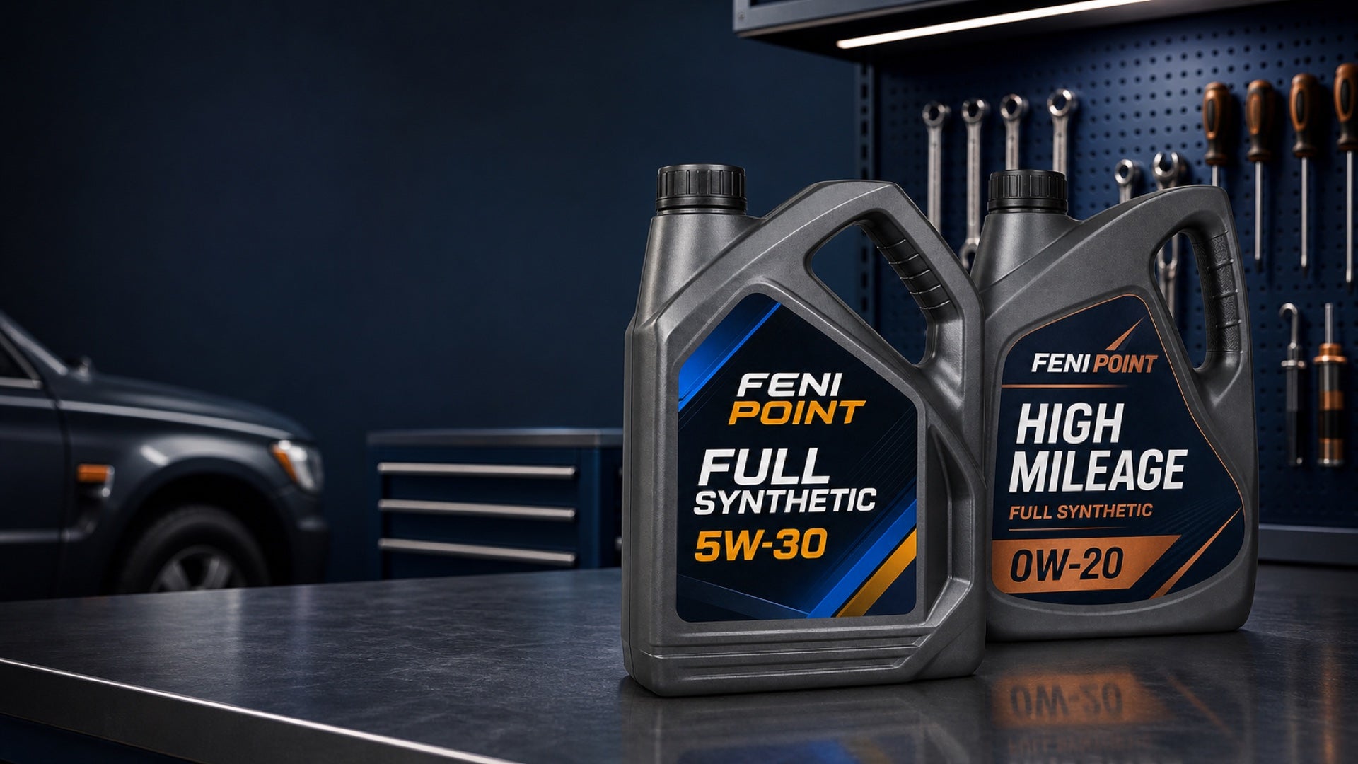 Feni Point full synthetic motor oils in a professional garage