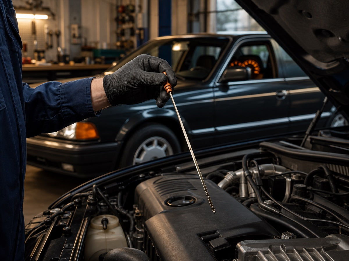 Mechanic checking the oil level of a high-mileage vehicle