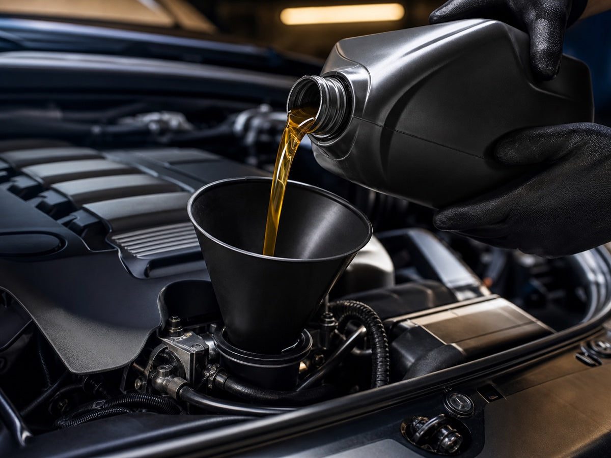 Fresh motor oil being poured into an engine